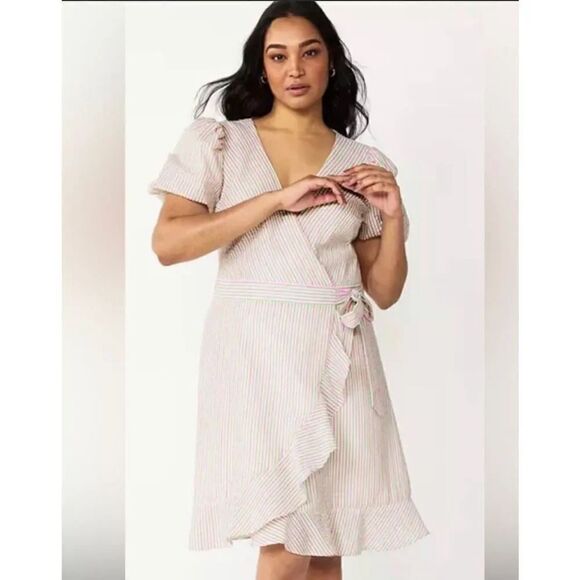 DraperJames NWT puff sleeve wrap dress pink/green preppy striped XL lined - Picture 1 of 6